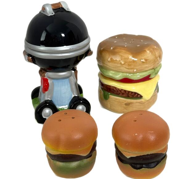 Lot of 3 Ceramic Salt Pepper Shaker Pier 1 Hamburger Backyard BBQ Grill & Burger - Picture 9 of 9